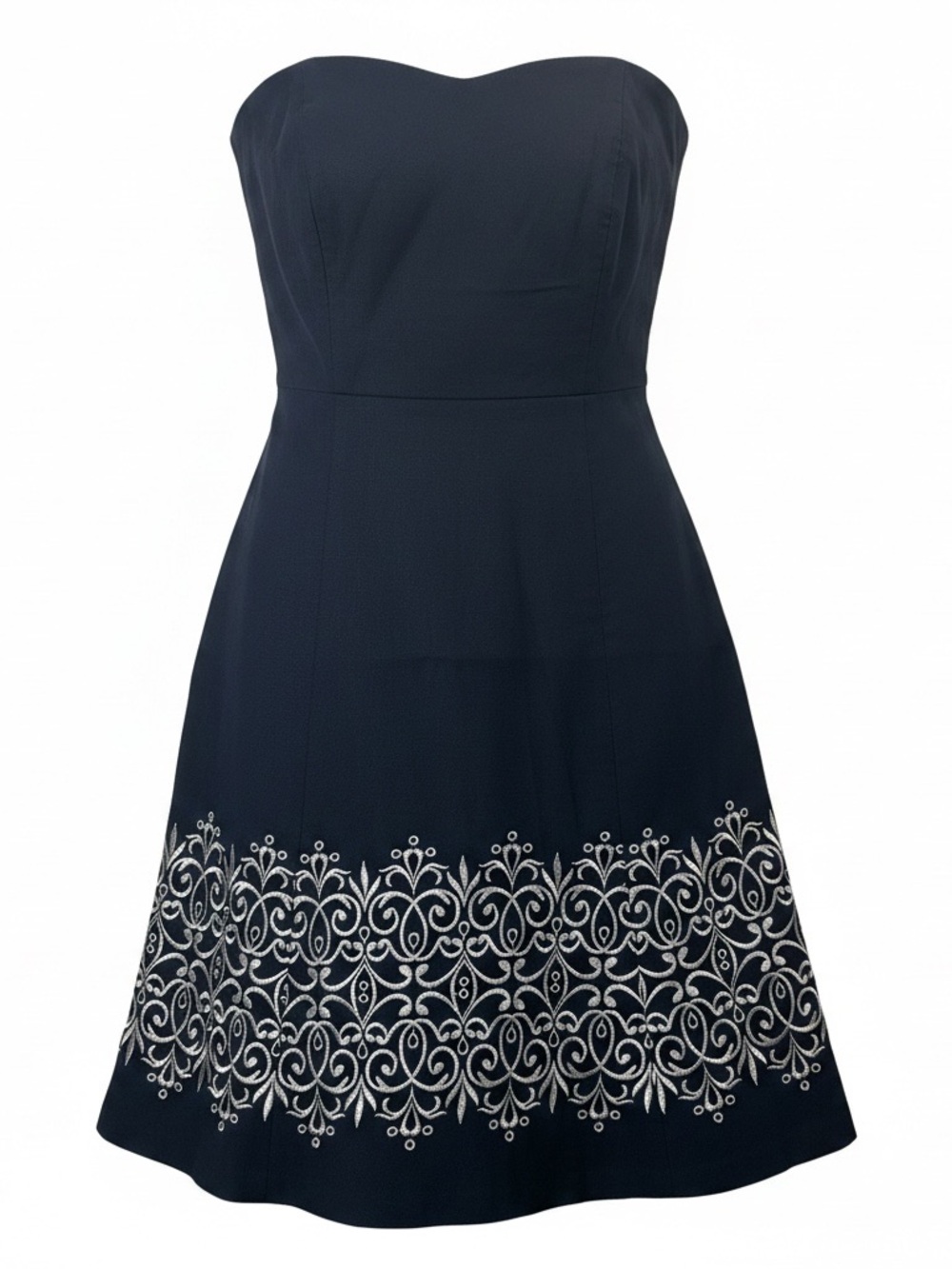 LOFT Navy Blue Lined Strapless Dress Size 0 White Embroidery Side Zipper